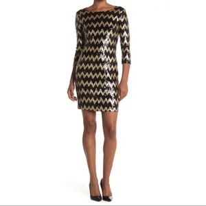 Carmen Marc Valvo Sequin Cocktail Dress 3/4 Sleeve Chevron Small
